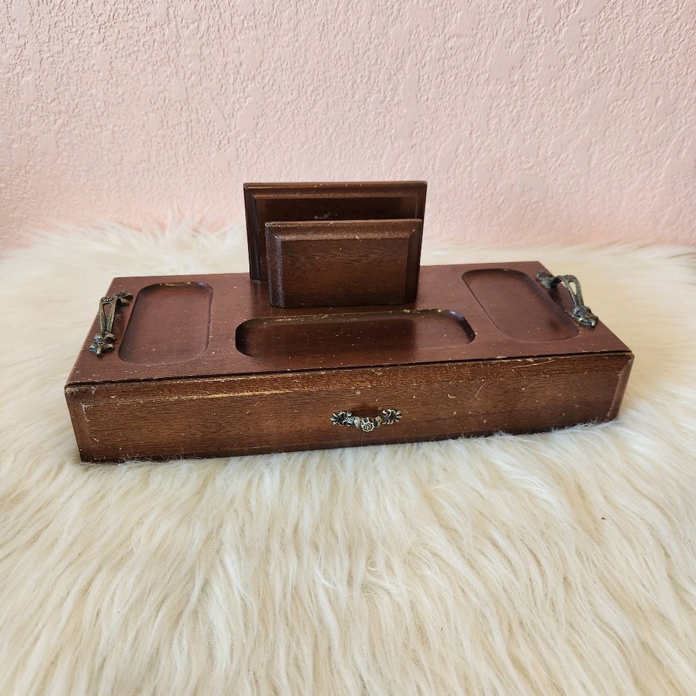 Vintage MCM Wooden Felt-Lined Jewlery Box Valet Tray